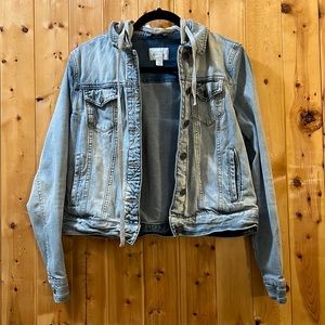 Grey denim crop jacket with detachable hood